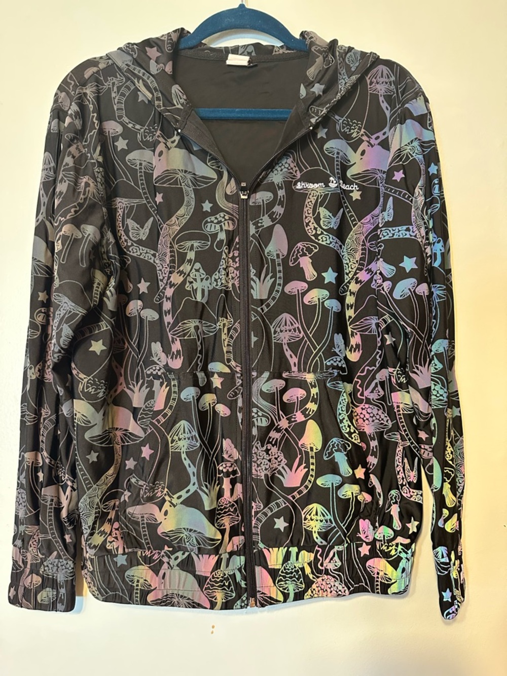 Shroom Beach Rainbow Reflective Black Hoodie with Mushroom Print
